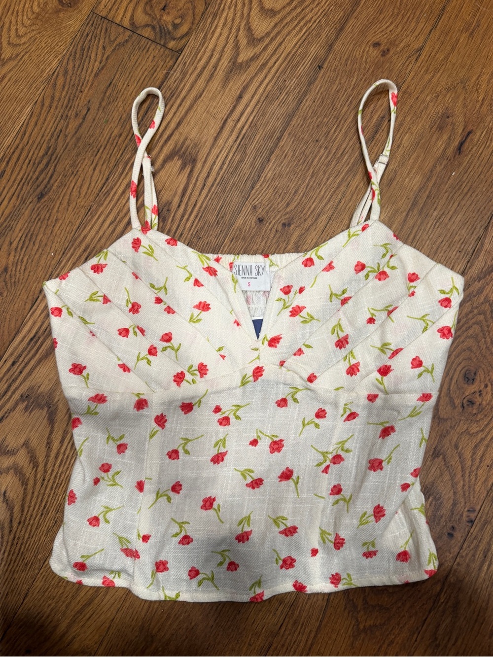 Sienna Sky Cream Floral Spaghetti Strap Crop Top with Red Blossoms